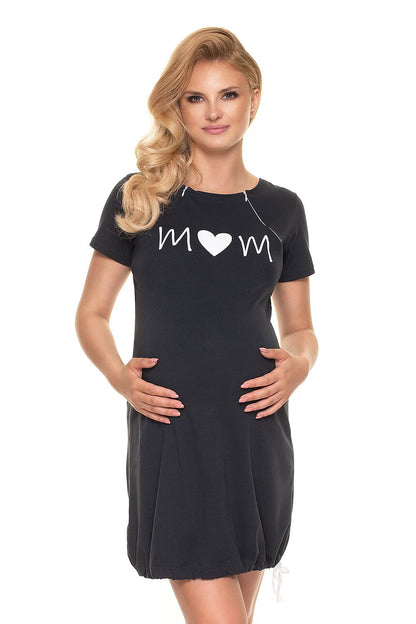 Luxury Maternity Nightshirt With Nursing Function - Cotton Spandex Comfort, featuring a stylish black nightgown with 'MOM' print, perfect for nursing.