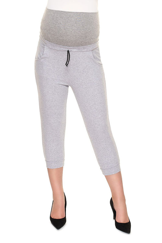 Ribbed Cotton Maternity Crop Pants with Side Pockets - PeeKaBoo Elegant Fit, showcasing stylish grey cotton blend fabric that offers comfort and support for expectant mothers.