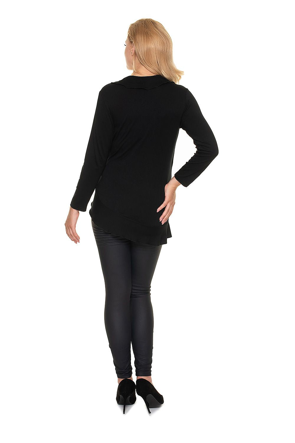 Elegant back view of the Stylish Maternity Blouse With Frills - Adjustable Size Pregnancy Wear by PeeKaBoo, featuring a sophisticated black design perfect for modern mothers.