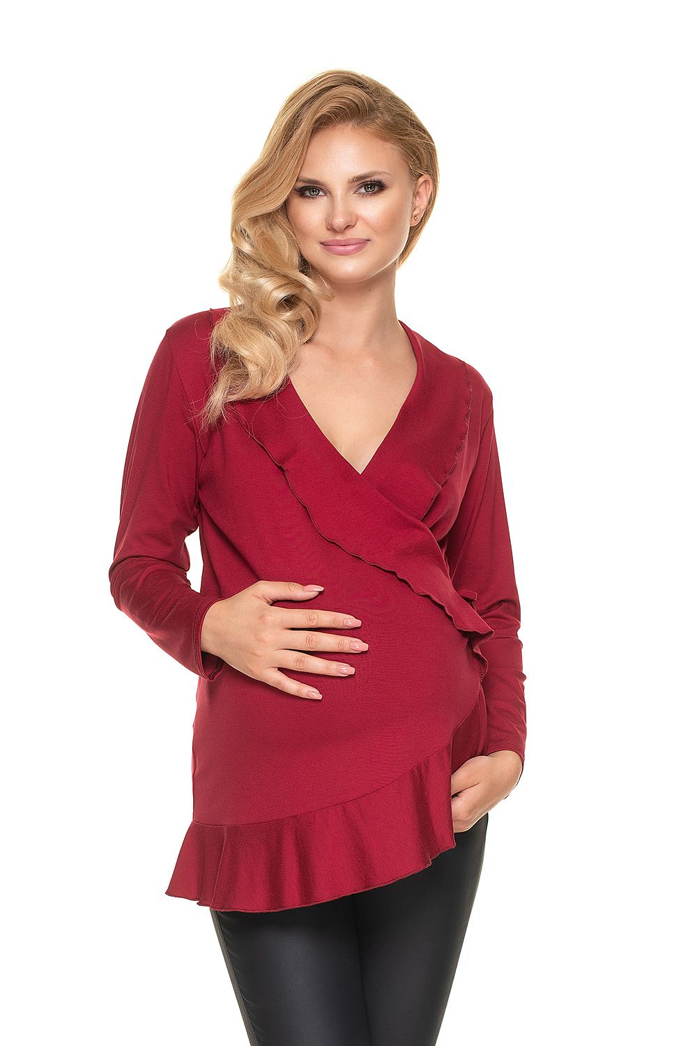 Chic front view of the Stylish Maternity Blouse With Frills - Adjustable Size Pregnancy Wear by PeeKaBoo, in rich burgundy, beautifully accentuating the baby bump with graceful frills.
