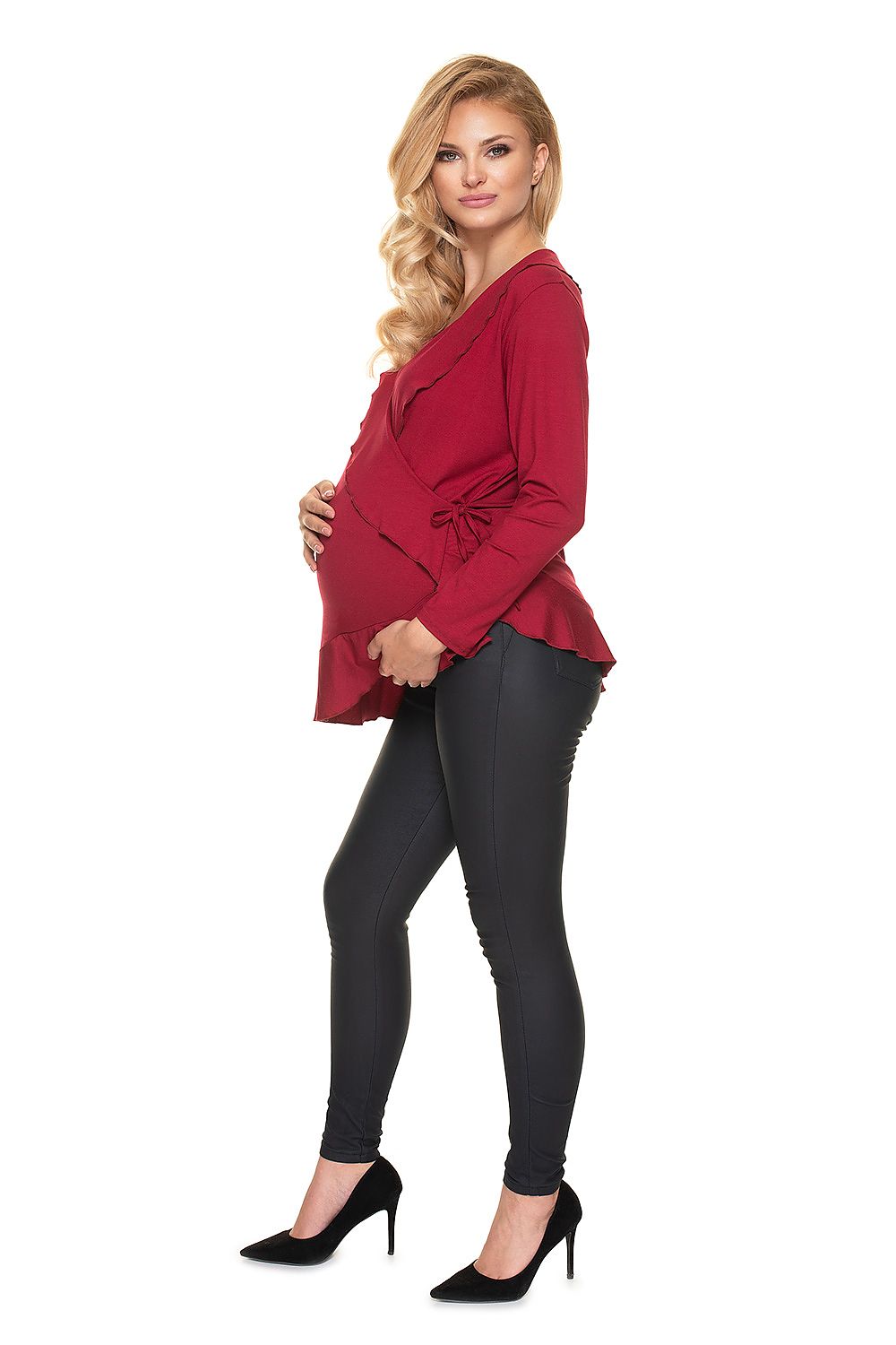 Refined profile view of the Stylish Maternity Blouse With Frills - Adjustable Size Pregnancy Wear by PeeKaBoo, showcasing its flattering silhouette and stylish frill details during pregnancy.