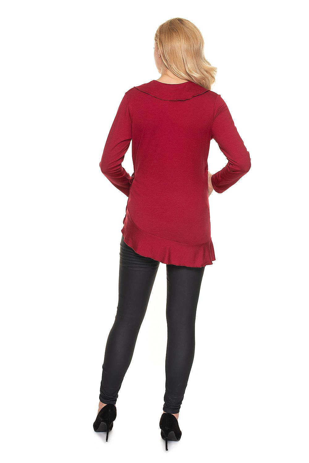 Sophisticated back view of the Stylish Maternity Blouse With Frills - Adjustable Size Pregnancy Wear by PeeKaBoo, in a fashionable burgundy colour, designed for comfort and elegance.