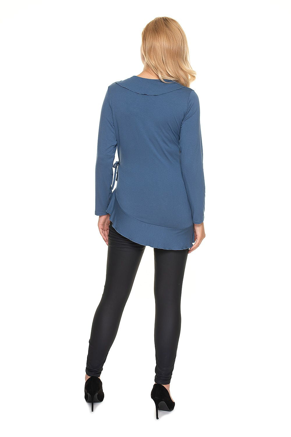 Stylish Maternity Blouse With Frills - Adjustable Size Pregnancy Wear by PeeKaBoo; a back view image of a pregnant woman modeling the blouse, highlighting its flattering silhouette and chic style, perfect for expectant mothers.