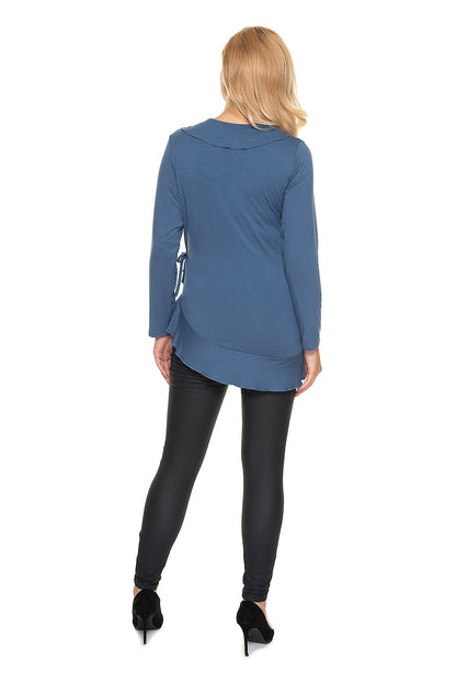 Stylish Maternity Blouse With Frills - Adjustable Size Pregnancy Wear by PeeKaBoo; a back view image of a pregnant woman modeling the blouse, highlighting its flattering silhouette and chic style, perfect for expectant mothers.