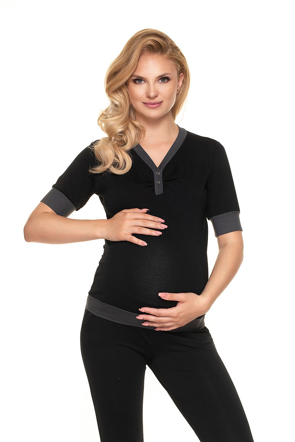 Luxury Maternity & Nursing Pajamas with Fasteners for Effortless Breastfeeding - PeeKaBoo, model showcasing the front view of a stylish black nursing pajama top.