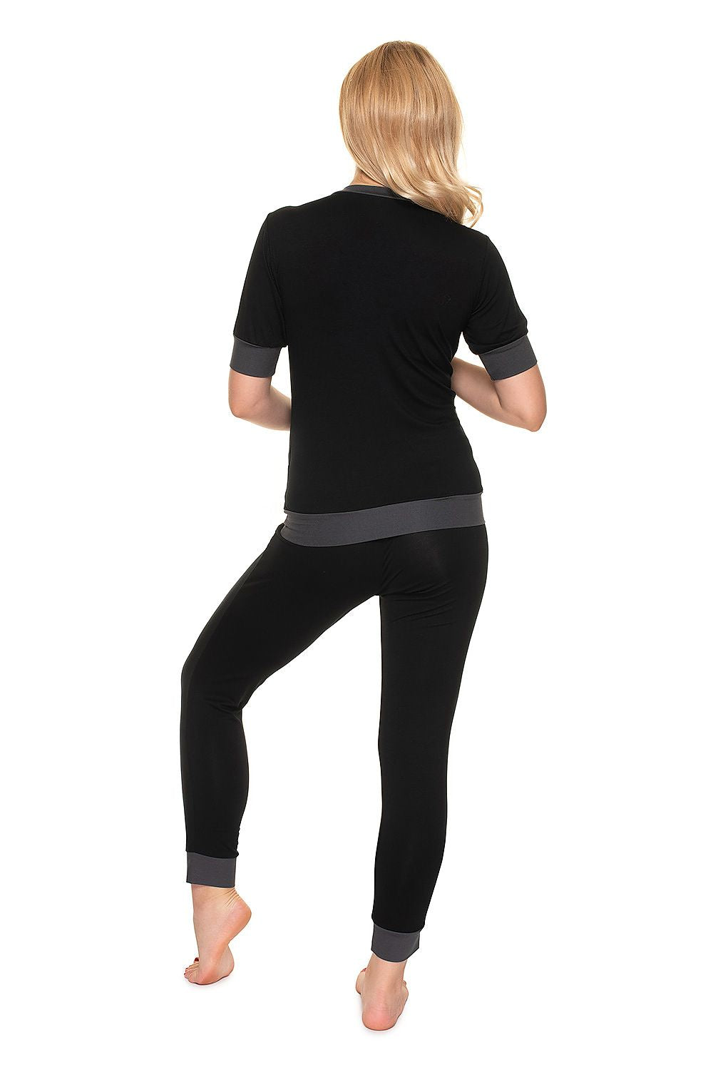 Luxury Maternity & Nursing Pajamas with Fasteners for Effortless Breastfeeding - PeeKaBoo, model revealing the back view of the chic breastfeeding pajama ensemble.