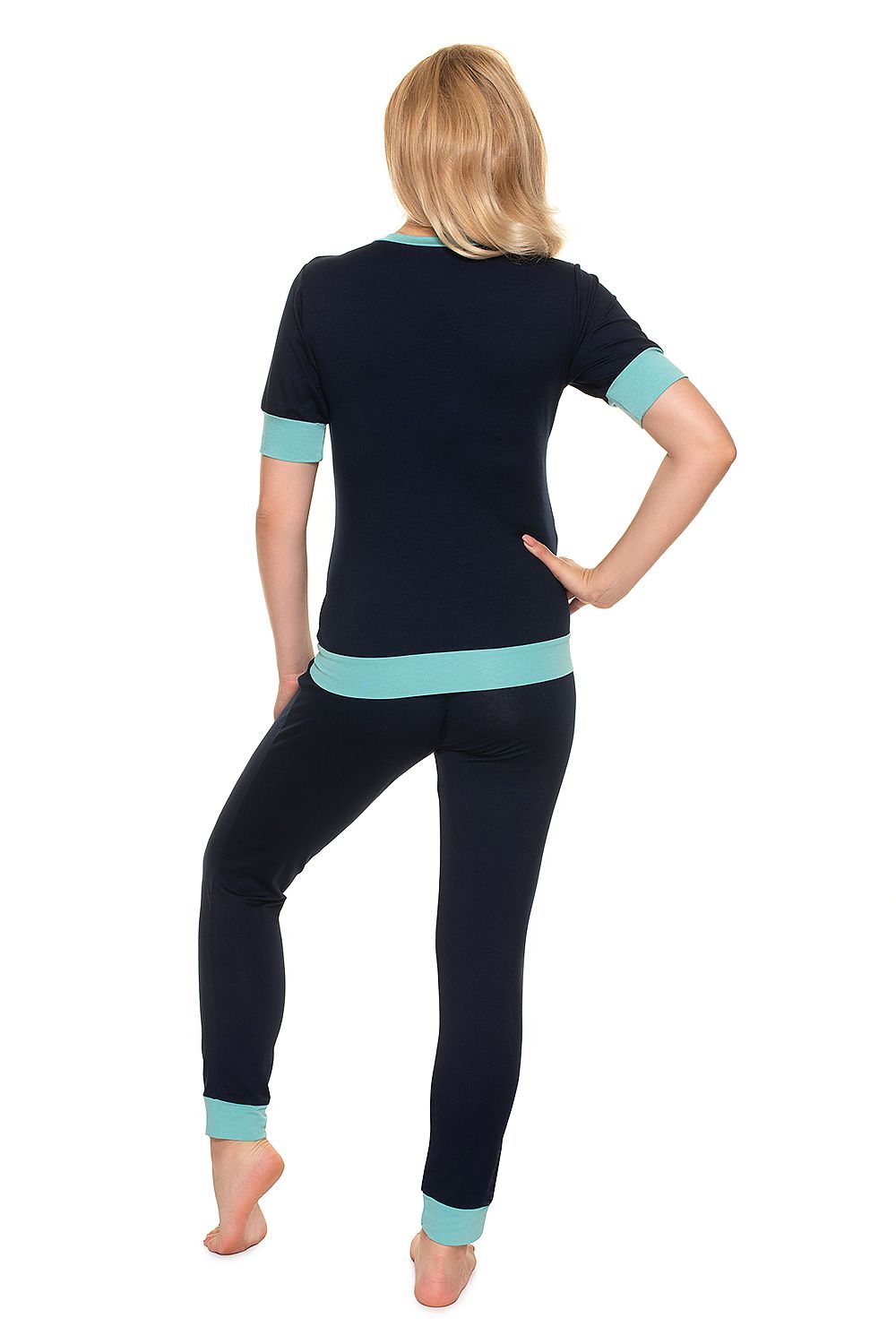 Luxury Maternity & Nursing Pajamas with Fasteners for Effortless Breastfeeding - PeeKaBoo, presenting a model from the back, wearing a chic dark blue pajama set designed for comfort during and after pregnancy.