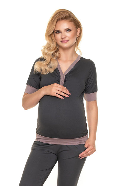 Luxury Maternity & Nursing Pajamas with Fasteners for Effortless Breastfeeding - PeeKaBoo, featuring a beautiful model in a grey pajama ensemble, combining elegance and ease for breastfeeding mothers.