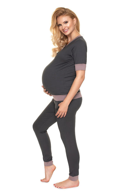 Luxury Maternity & Nursing Pajamas with Fasteners for Effortless Breastfeeding - PeeKaBoo, showcasing a stylish pregnant model wearing grey pajamas, emphasizing a fashionable yet functional choice for new mothers.