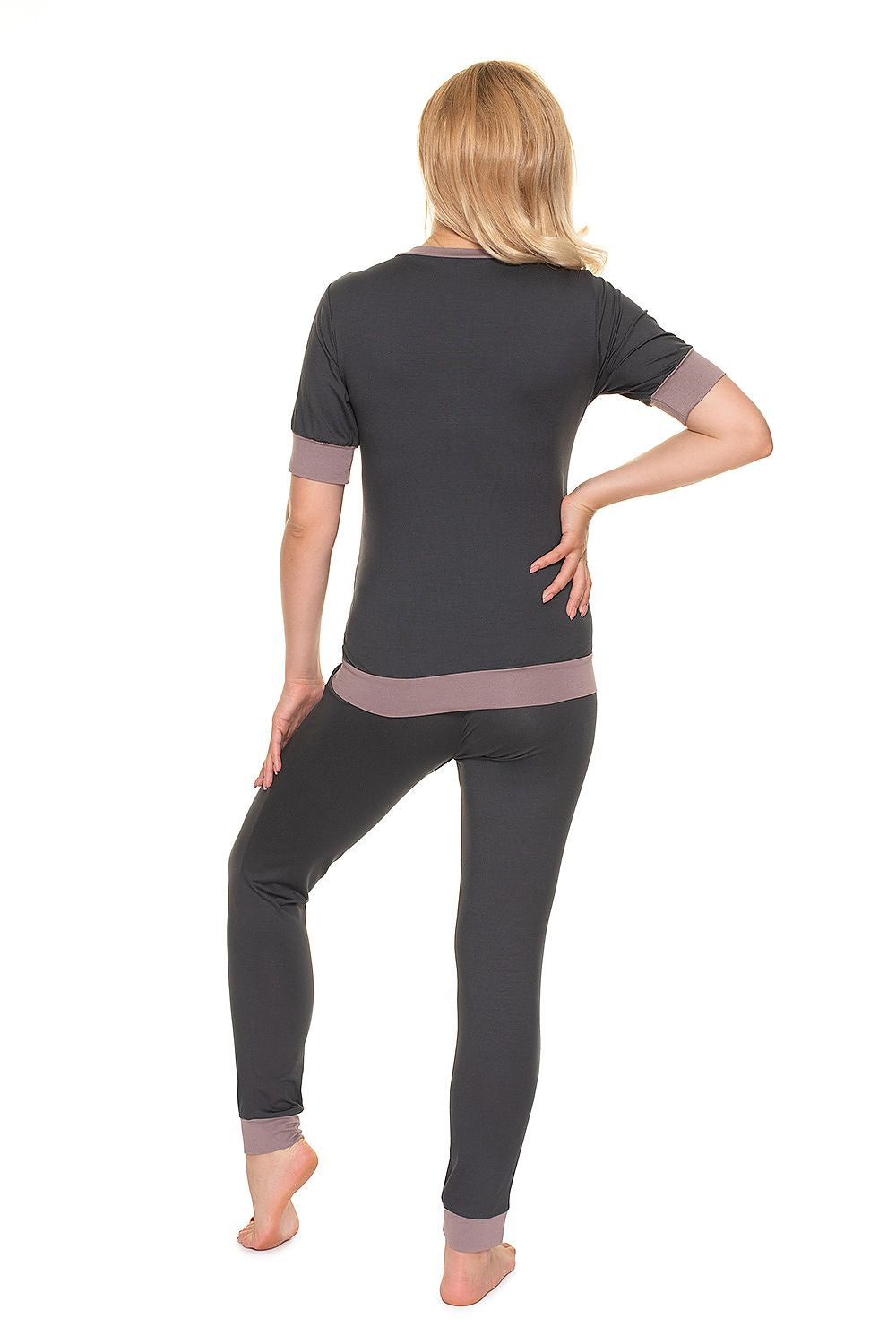 Luxury Maternity & Nursing Pajamas with Fasteners for Effortless Breastfeeding by PeeKaBoo, featuring a stylish grey back view with snug-fitting pants and short sleeves, ideal for comfort during maternity and nursing.