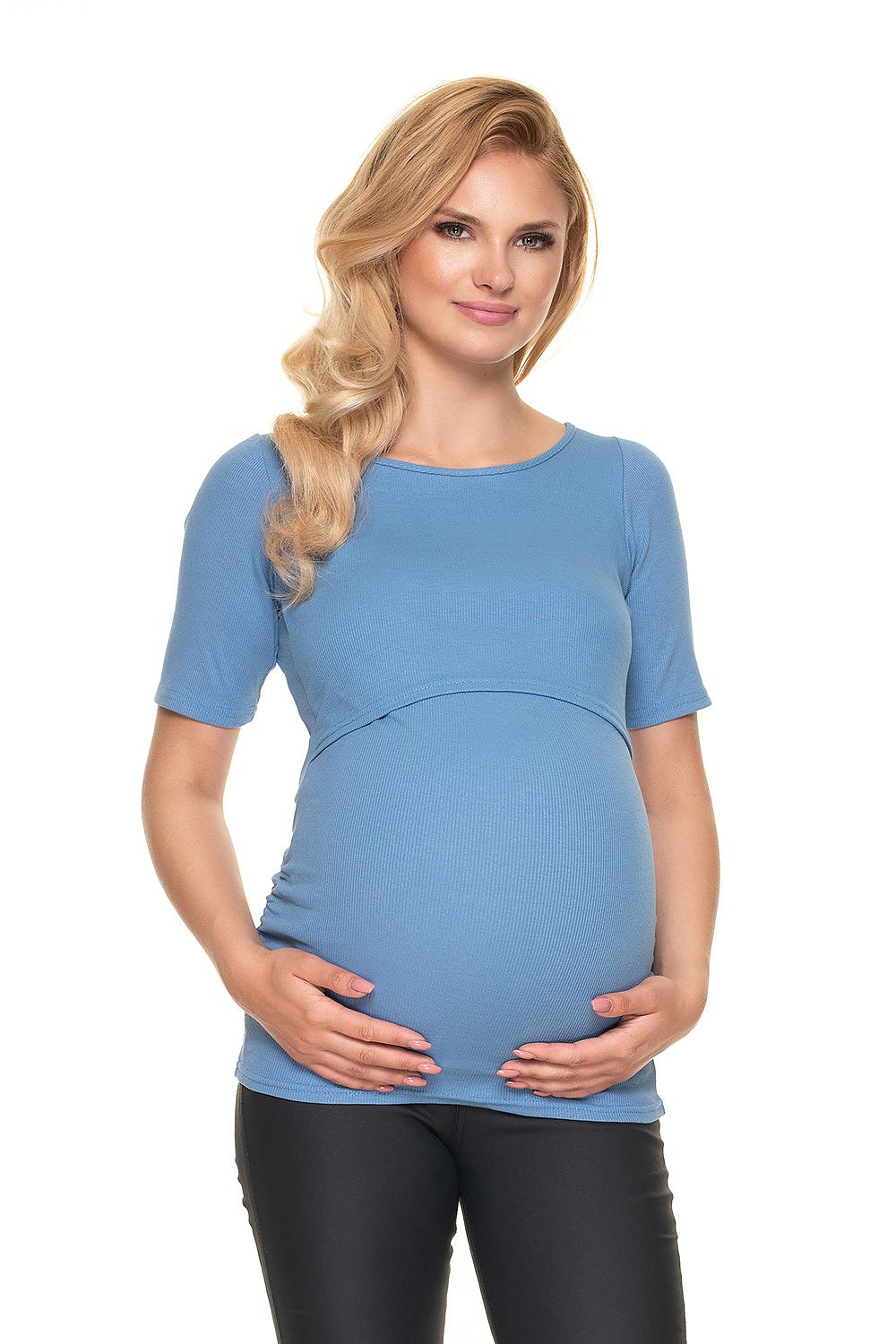 Elegant Pregnancy Blouse with Pleats for Comfortable Nursing by PeeKaBoo Fashion. Model showcases the blouse in blue, highlighting its soft texture and stylish design.