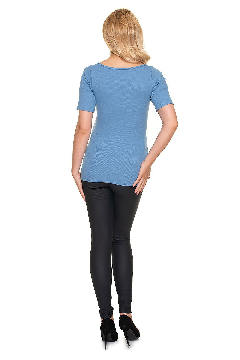 Back view of the Elegant Pregnancy Blouse with Pleats for Comfortable Nursing by PeeKaBoo Fashion. The model highlights the design's flattering fit in a serene blue colour.