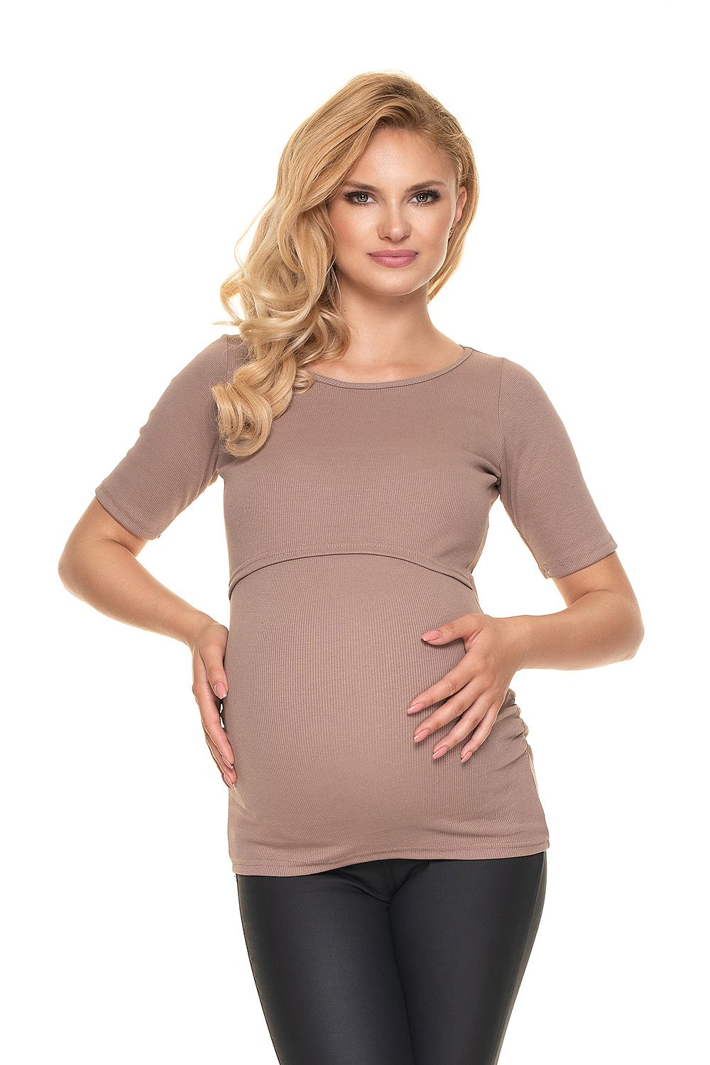 Model wearing the Elegant Pregnancy Blouse with Pleats for Comfortable Nursing by PeeKaBoo Fashion in a soft beige tone. The blouse elegantly complements her pregnancy glow.