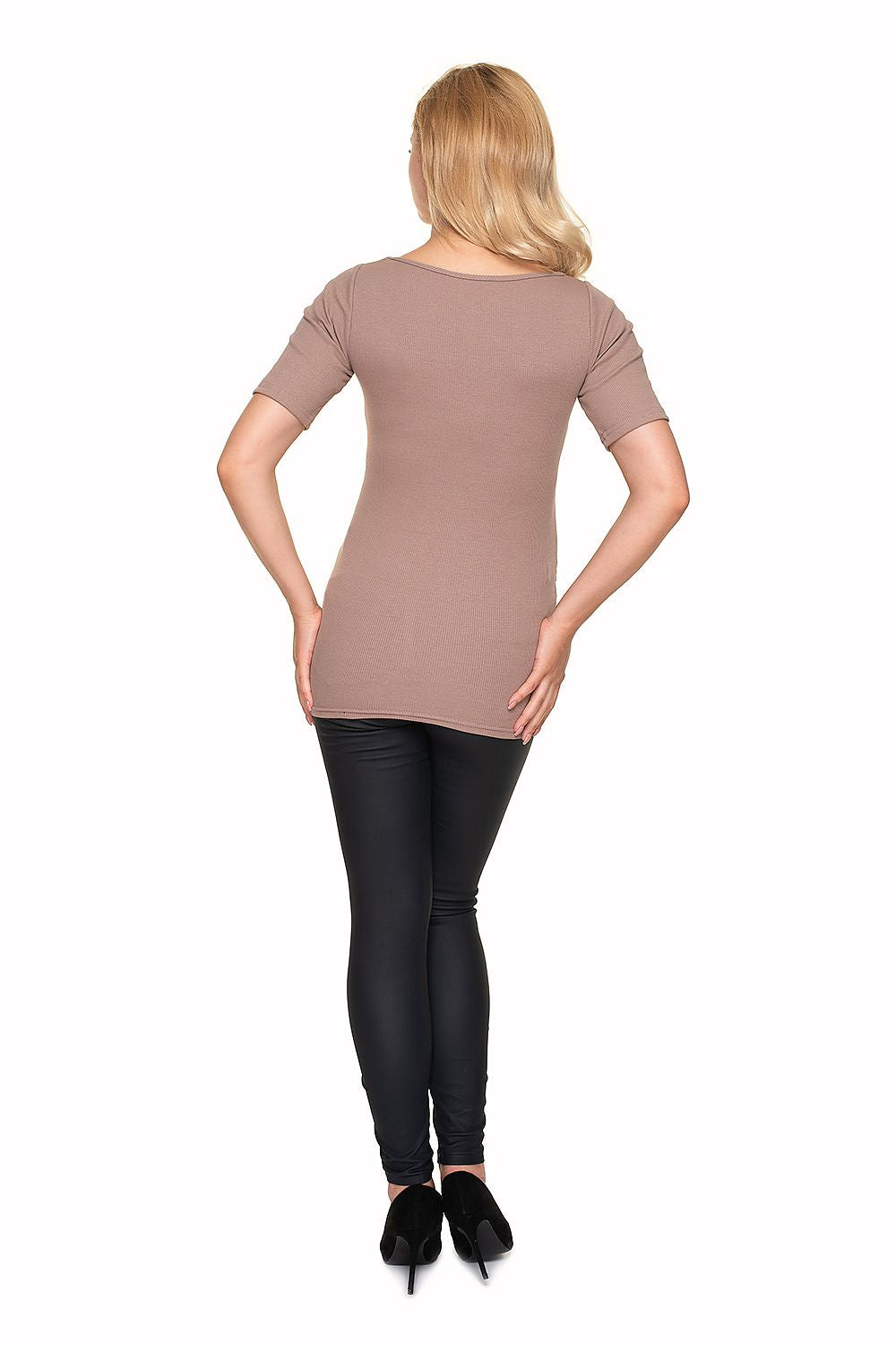 Elegant Pregnancy Blouse with Pleats for Comfortable Nursing by PeeKaBoo Fashion, showcasing the back view of a pregnant woman in a beige top with flattering pleats, complemented by form-fitting black leggings.