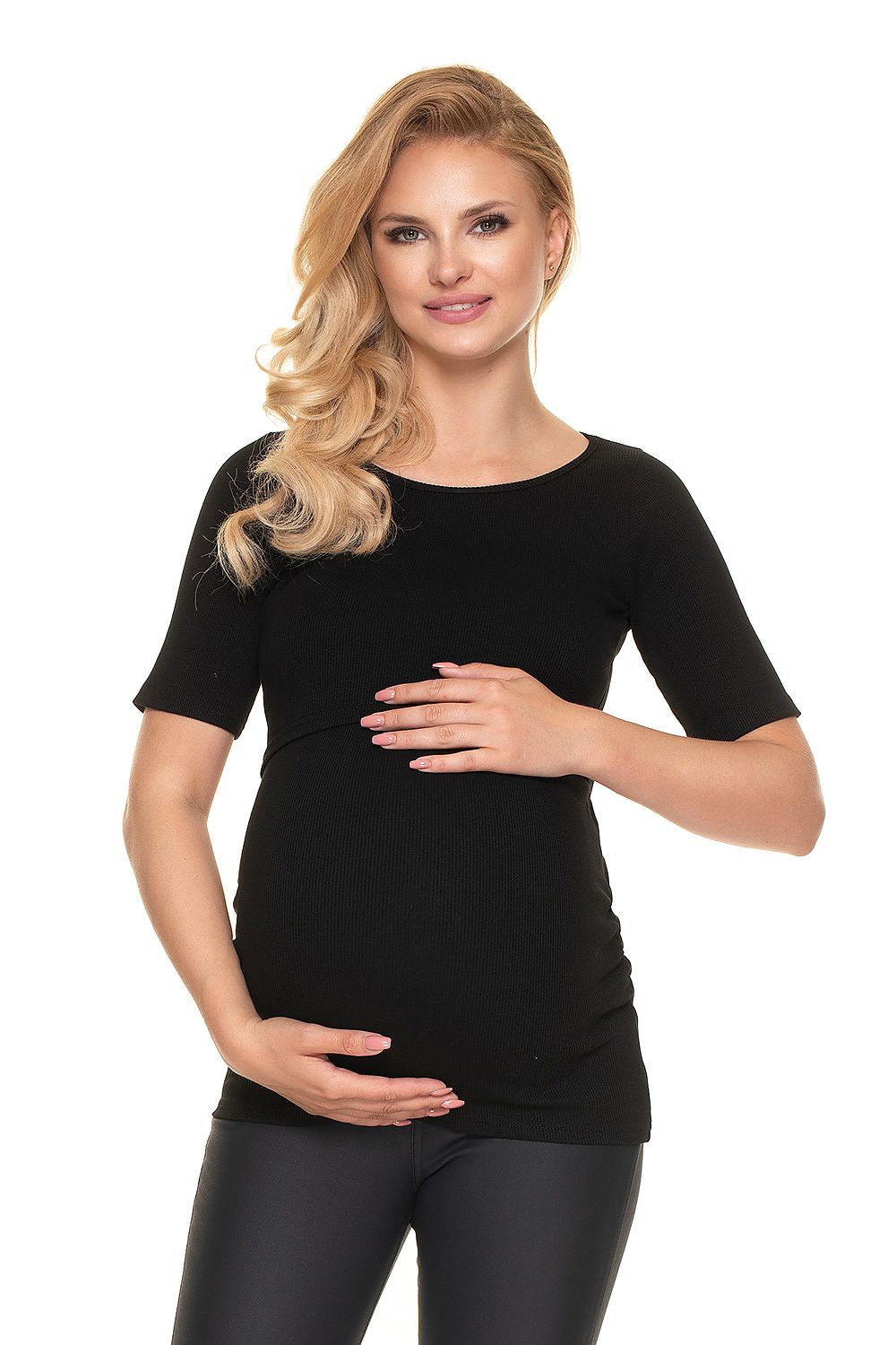 Elegant Pregnancy Blouse with Pleats for Comfortable Nursing by PeeKaBoo Fashion, featuring a close-up of a pregnant woman wearing a chic black top, designed for comfort and easy nursing.