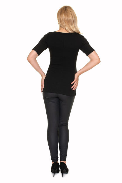 Elegant Pregnancy Blouse with Pleats for Comfortable Nursing by PeeKaBoo Fashion, displaying the back perspective of a pregnant woman in a sleek black top, perfectly paired with fashionable black leggings.