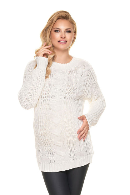 Elegant Pregnancy Sweater by PeeKaBoo, featuring a soft acrylic pullover with a stand-up collar and braided motif, model presenting the sweater in white, styled elegantly with a chic hairstyle.