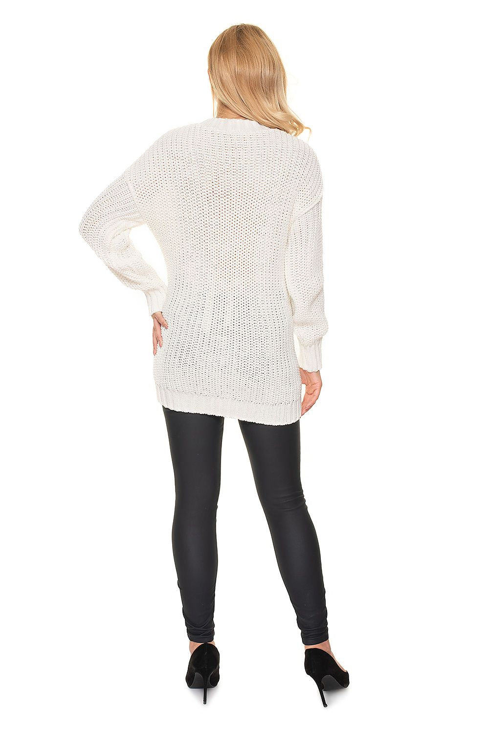Elegant Pregnancy Sweater by PeeKaBoo, view from the back highlighting the soft acrylic pullover with a stand-up collar and braided motif, styled with black leggings for a luxurious appearance.