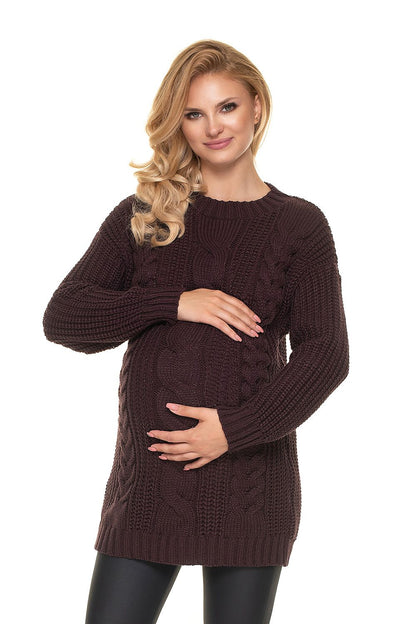 Elegant Pregnancy Sweater by PeeKaBoo in a rich brown hue, featuring a stand-up collar and braided motif, model showcasing the stylish design while posing gracefully.