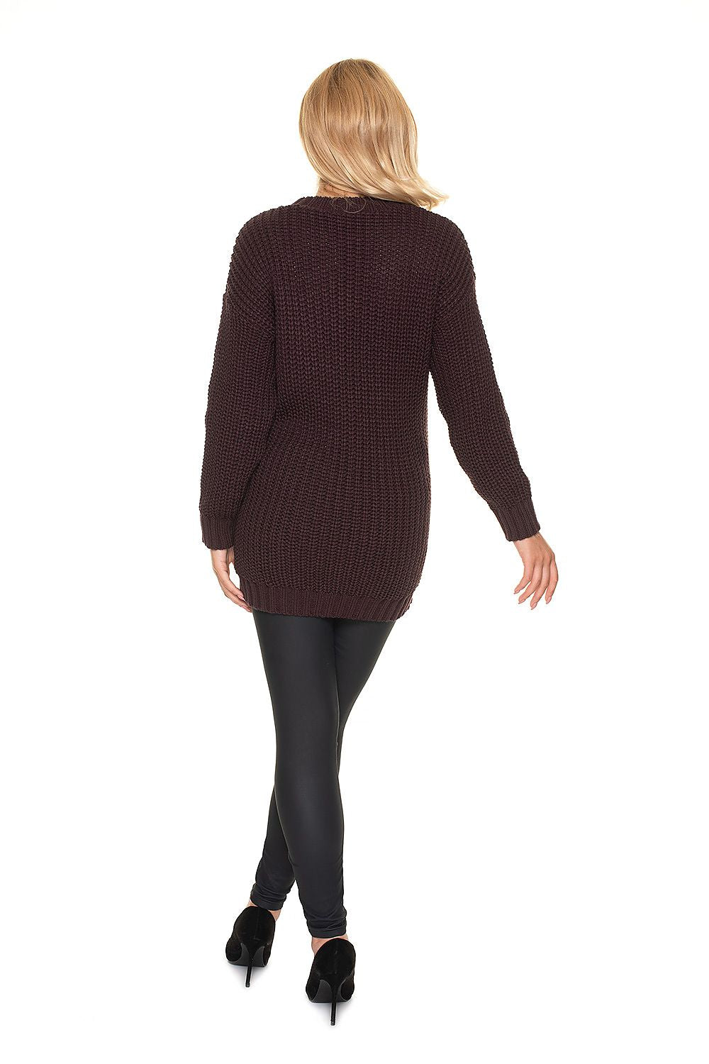 Elegant Pregnancy Sweater by PeeKaBoo - showcasing the back view of a soft acrylic pullover with a stand-up collar and braided motif, styled with sleek black leggings and heels.