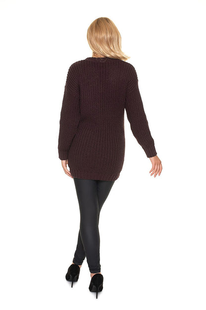 Elegant Pregnancy Sweater by PeeKaBoo - showcasing the back view of a soft acrylic pullover with a stand-up collar and braided motif, styled with sleek black leggings and heels.