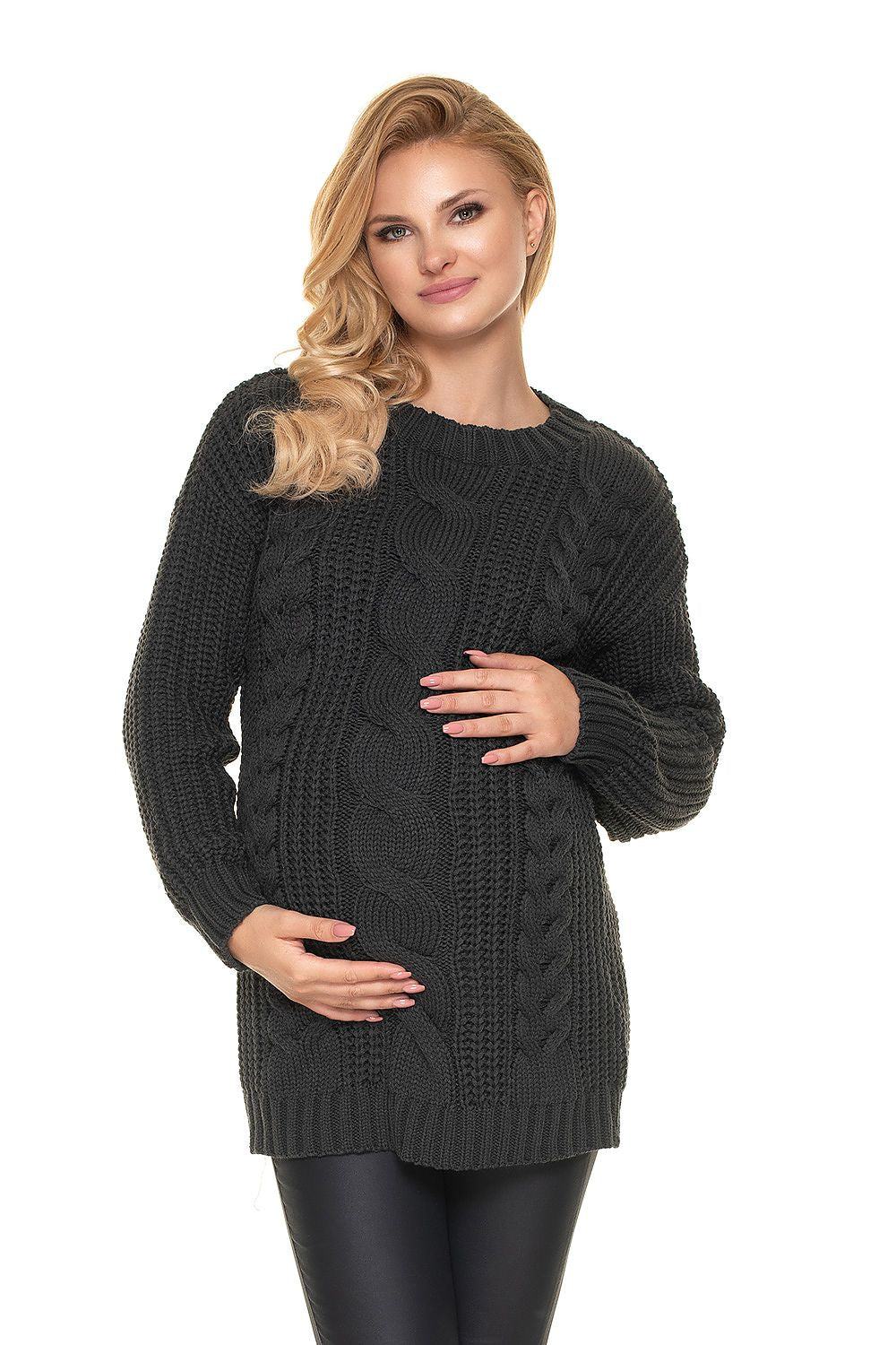 Elegant Pregnancy Sweater by PeeKaBoo - featuring a front view of a stylish woman cradling her baby bump, wearing a luxurious soft acrylic pullover with a stand-up collar and lovely braided motif.