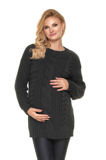 Elegant Pregnancy Sweater by PeeKaBoo - featuring a front view of a stylish woman cradling her baby bump, wearing a luxurious soft acrylic pullover with a stand-up collar and lovely braided motif.