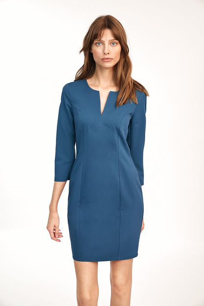 Elegant Fitted Blue Daydress by Nife, front view highlighting its tailored design and luxurious blue fabric, ideal for versatile occasions.