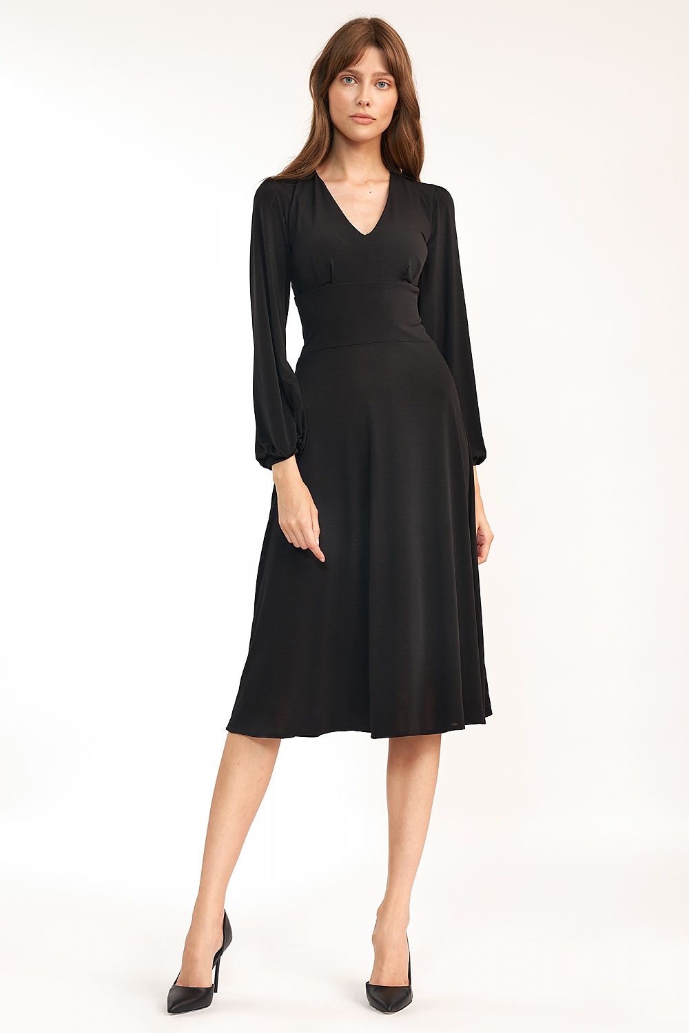 Classic Midi Dress with V Neckline and Long Sleeves by Nife - Chic front pose in a classic black fabric, exuding sophistication suitable for any event.