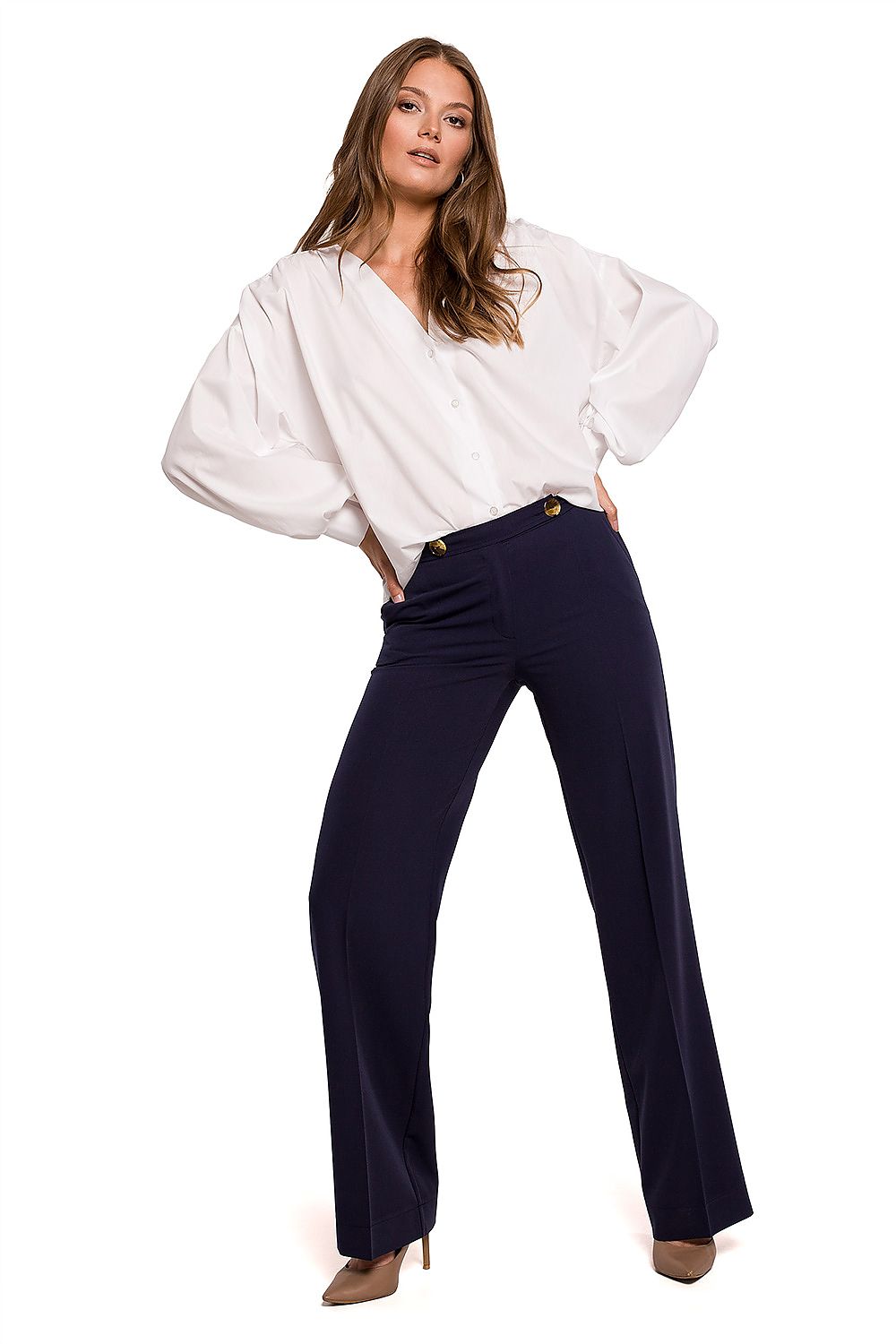 Elegant Straight Leg Trousers by Makover, featuring a sophisticated navy colour paired with a stylish white blouse, ideal for professional business attire.