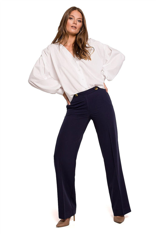 Elegant Straight Leg Trousers by Makover, featuring a sophisticated navy colour paired with a stylish white blouse, ideal for professional business attire.