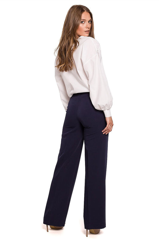 Rear view of Elegant Straight Leg Trousers by Makover, showcasing a refined silhouette paired with a white blouse, perfect for a polished business look.