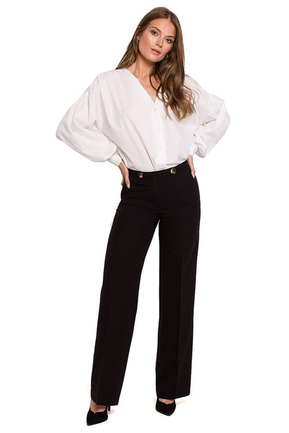 Elegant Straight Leg Trousers by Makover, showcased on a model wearing a flowing white blouse, perfect for professional business attire.