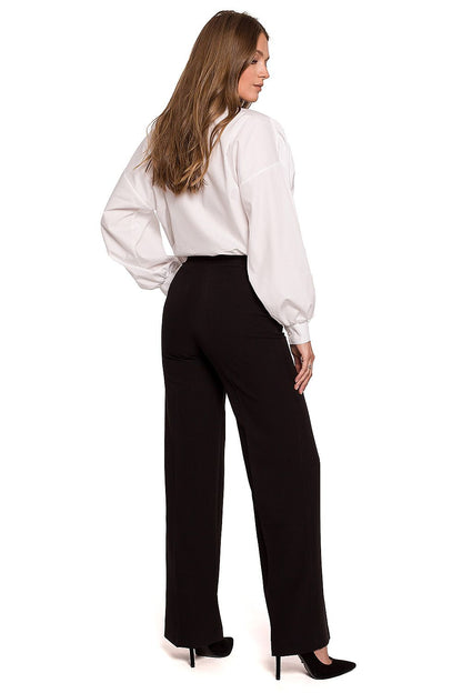 Back view of the Elegant Straight Leg Trousers by Makover, styled with a white blouse, highlighting a sophisticated look for business settings.