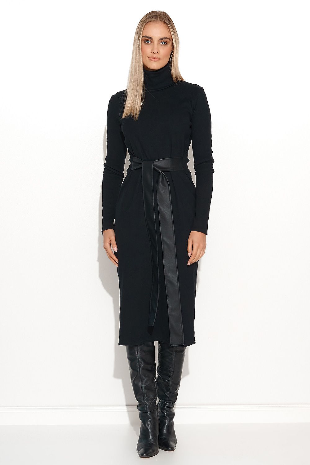 Makadamia ribbed knit daydress featuring eco-leather straps, knee-length turtleneck design, perfect for elegant or casual styling.