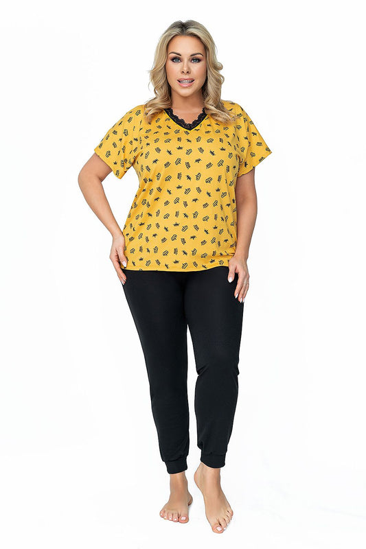 Luxury Plus Size Pajama Set by Donna featuring a stylish short-sleeve blouse with intricate black lace neckline and smooth ribbed trousers, designed for ultimate comfort and style, available up to size 6XL.