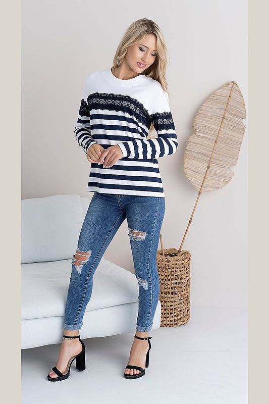 Luxurious long sleeve striped blouse with navy blue lace, crafted by Hajdan in Poland, showcasing elegance and comfort.
