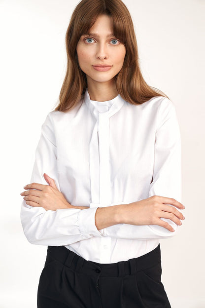 Elegant Long Sleeve Cotton-Blend Shirt by Nife, worn by a model with long brown hair, featuring a sophisticated design perfect for stylish and comfortable office wear.