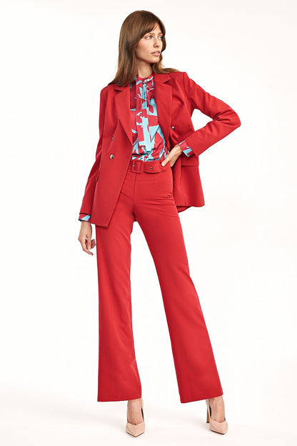 Elegant Women’s Flared Trousers with Elevated Waist by Nife, presented with a tailored red blazer and floral blouse, exuding a refined and fashionable look.
