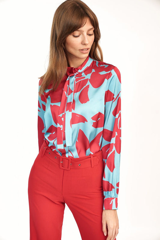 Elegant Nife Long Sleeve Blouse with Font Pattern displayed on a model, showcasing a vibrant design with red and blue hues, combining chic polyester and spandex blend for a sophisticated look.