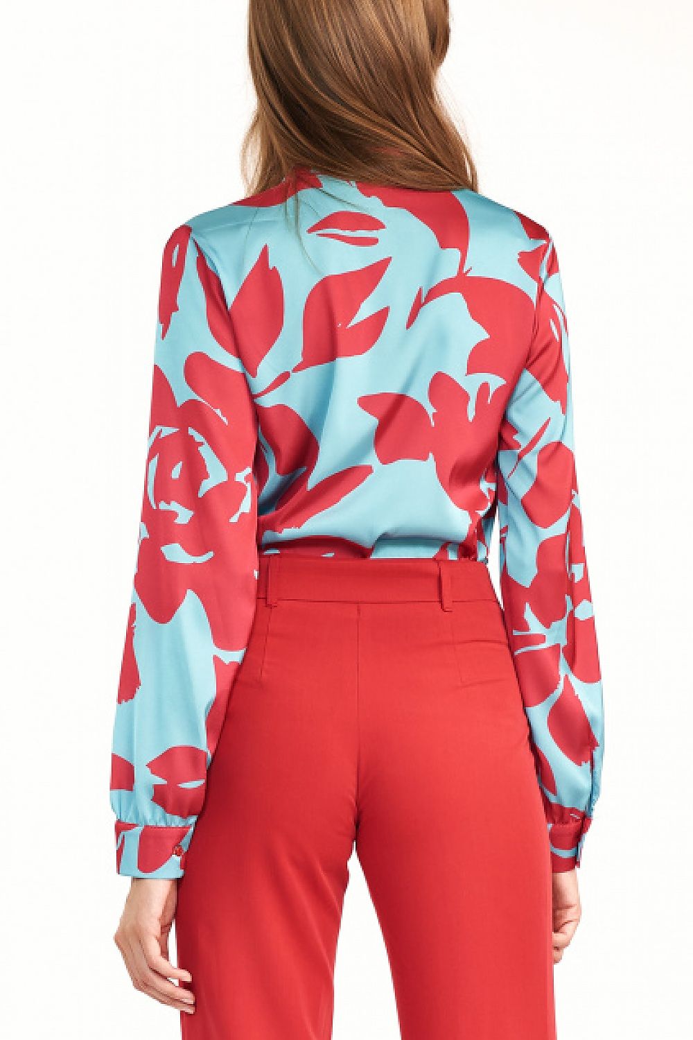 View of the back of the Elegant Nife Long Sleeve Blouse with Font Pattern, emphasizing the stylish design and vibrant colours, perfect for a refined wardrobe.