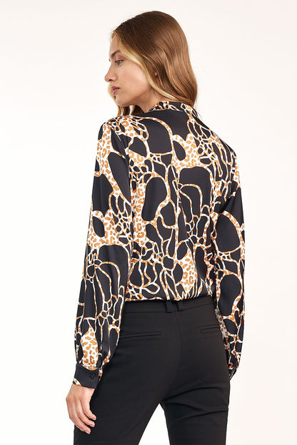 Elegant Long Sleeve Blouse by Nife with Unique Font Pattern, detailed view from behind, displaying luxurious fabric and contemporary design, perfect for sophisticated office wear.