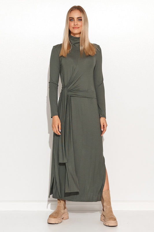 Makadamia elegant long turtleneck daydress in lightweight viscose knit, featuring an asymmetrical tie and slits, perfect for sophisticated occasions. Available in sizes EU 36-42.