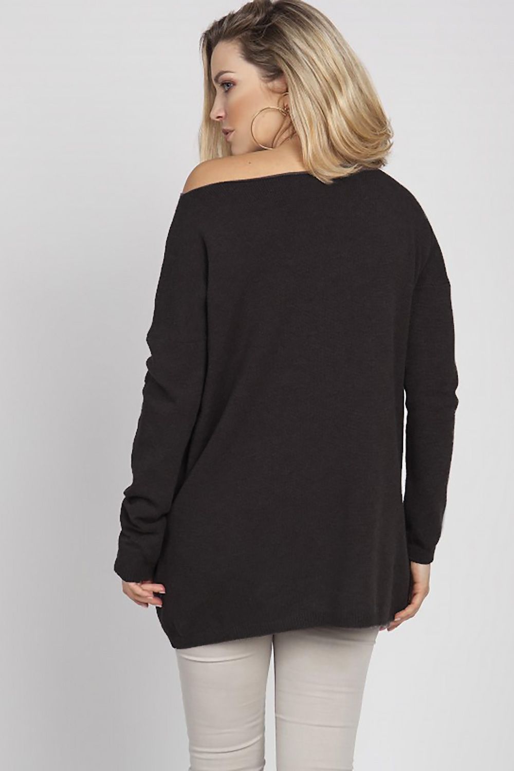 Elegant Thin Knit Jumper with Drop Sleeves & Wide Neckline - MKM, rear view of model in a chic black jumper, highlighting the fashionable drop sleeves and wide neckline that epitomise minimalist luxury.