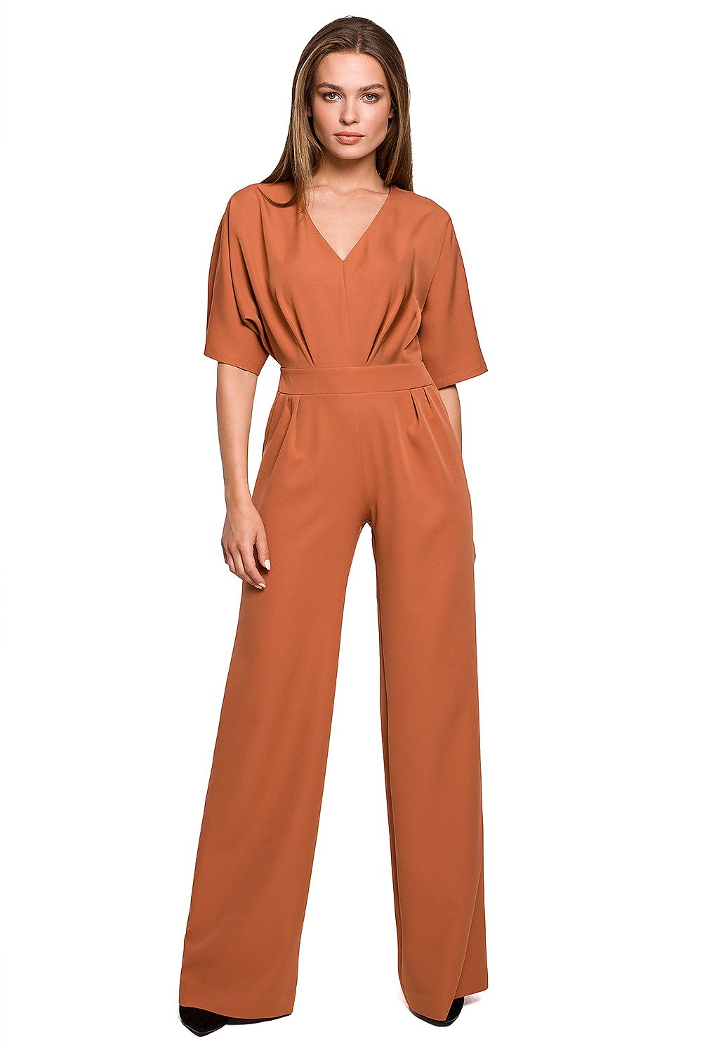 Stylove Wide Leg Batwing Sleeve Jumpsuit with Covered Zip - Elegant trousers in rich terracotta, featuring a flattering V-neckline and stylish wide leg design.