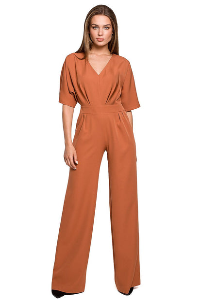 Stylove Wide Leg Batwing Sleeve Jumpsuit with Covered Zip - Elegant trousers in rich terracotta, featuring a flattering V-neckline and stylish wide leg design.