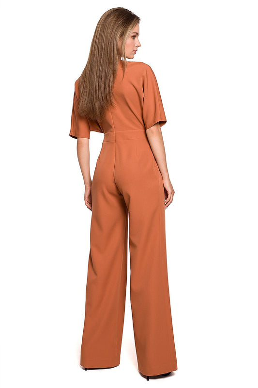 Stylove Wide Leg Batwing Sleeve Jumpsuit with Covered Zip - Back view showcasing the chic batwing sleeves and seamless fit of the elegant terracotta jumpsuit.