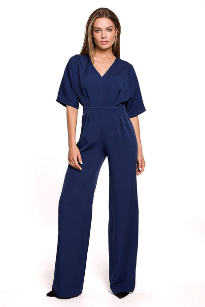 Stylove Wide Leg Batwing Sleeve Jumpsuit with Covered Zip - Captivating navy jumpsuit with wide legs and luxurious batwing sleeves, perfect for modern sophistication.
