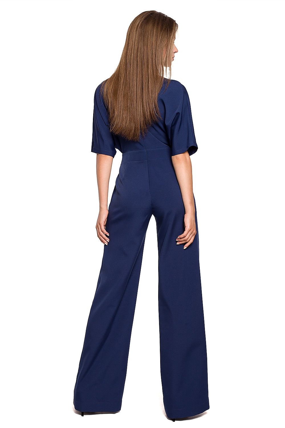 Stylove Wide Leg Batwing Sleeve Jumpsuit with Covered Zip - Elegant trousers for modern style, showcased with a model from the back, highlighting the stylish batwing sleeve design.