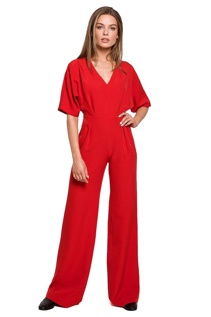 Stylove Wide Leg Batwing Sleeve Jumpsuit with Covered Zip - Elegant trousers for modern style, presented in a vibrant red colour, perfect for a chic day or evening outing.